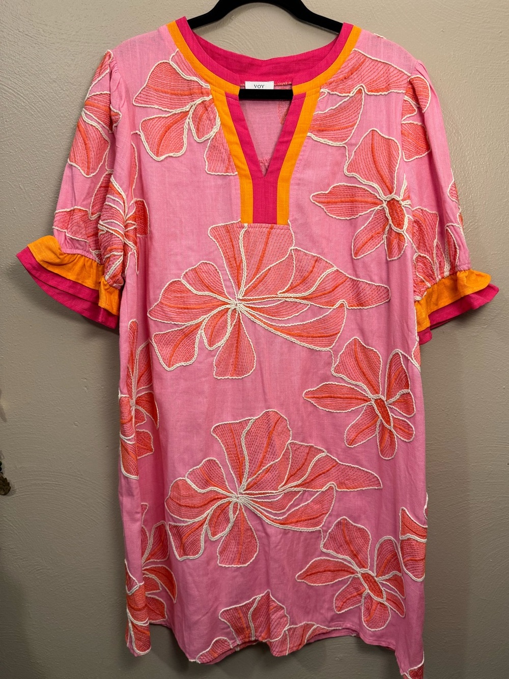 Voy Camille Multi Color Ruffled Linen Blend Floral Embroidered Dress women’s XL